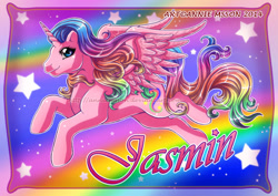 Size: 900x636 | Tagged: safe, artist:anniemsson, oc, oc only, oc:jasmin, alicorn, pony, 2014, alicorn oc, commission, female, flying, gradient mane, gradient tail, horn, mare, obtrusive watermark, rainbow background, solo, spread wings, stars, tail, watermark, wings