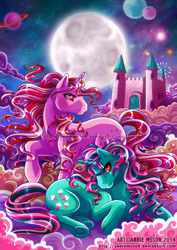 Size: 636x900 | Tagged: safe, artist:anniemsson, fizzy, galaxy (g1), pony, twinkle eyed pony, unicorn, g1, cloud, dream castle, female, mare, moon