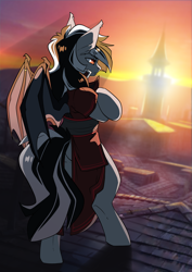 Size: 2480x3508 | Tagged: safe, artist:arctic-fox, oc, oc:stormdancer, bat pony, pony, undead, vampire, vampony, armor, assassin's creed, bat wings, bipedal, butt, ear fluff, high res, phone wallpaper, plot, rooftop, solo, sunset, tail, thoughts, wallpaper, wing ring, wings