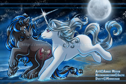 Size: 900x601 | Tagged: safe, artist:anniemsson, oc, oc only, oc:dusty, oc:necronomicorn, pony, unicorn, g1, beach, beautiful, colored horn, full moon, horn, horns are touching, looking at each other, looking at someone, moon, night, night sky, ocean, sky, water