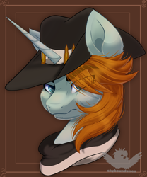 Size: 2000x2400 | Tagged: safe, artist:skyboundsiren, oc, pony, unicorn, bullet, bust, clothes, commission, cowboy, cowboy hat, hat, headshot commission, high res, looking at you, male, portrait, scar, scarf, serious, serious face, simple background, stallion
