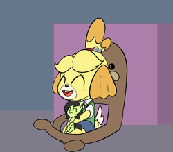 Size: 1066x932 | Tagged: safe, artist:happy harvey, oc, oc:filly anon, dog, pony, anthro, animal crossing, blushing, bucktooth, clothes, comfy, crossover, female, filly, foal, gondola, hair accessory, happy, isabelle, pedobear, phone drawing, shih tzu, shirt, sitting, sitting on lap, skirt, smiling, vest