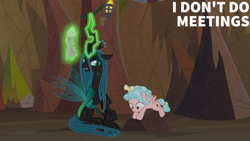 Size: 1280x720 | Tagged: safe, edit, edited screencap, editor:quoterific, screencap, cozy glow, queen chrysalis, changeling, changeling queen, pegasus, pony, frenemies (episode), g4, duo, duo female, female, filly, foal, frown, magic, open mouth, queen chrysalis is not amused, telekinesis, twilog, unamused