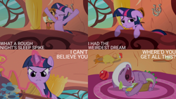 Size: 4400x2475 | Tagged: safe, edit, edited screencap, editor:quoterific, screencap, spike, twilight sparkle, dragon, pony, unicorn, g4, season 2, secret of my excess, bed, duo, floppy ears, golden oaks library, rubber chicken, unicorn twilight