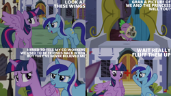 Size: 4400x2475 | Tagged: safe, edit, edited screencap, editor:quoterific, screencap, minuette, spike, twilight sparkle, alicorn, dragon, pony, unicorn, amending fences, g4, season 5, camera, female, frown, magic, male, mare, open mouth, open smile, partially open wings, smiling, spread wings, standing on two hooves, telekinesis, twilight sparkle (alicorn), wings