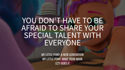 Size: 1920x1080 | Tagged: safe, edit, edited screencap, editor:quoterific, screencap, izzy moonbow, sunny starscout, earth pony, pony, unicorn, g5, izzy does it, my little pony: make your mark, my little pony: make your mark chapter 2, spoiler:my little pony: make your mark chapter 2, spoiler:mymc02e01, bag, coat markings, duo, duo female, encouragement, female, fluttershy's cutie mark, grin, mare, saddle bag, smiling, socks (coat markings), twilight sparkle's cutie mark