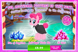 Size: 1956x1301 | Tagged: safe, gameloft, idw, pinkie pie, earth pony, pony, g4, advertisement, anti-sugar league, anti-sugar pinkie pie, costs real money, english, female, gameloft interpretation, gem, idw showified, introduction card, mare, numbers, sale, solo, table, text