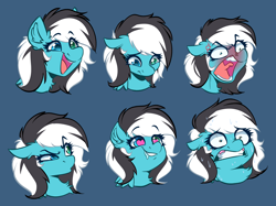 Size: 3464x2596 | Tagged: safe, artist:witchtaunter, oc, pegasus, pony, chest fluff, commission, ear fluff, emotes, emotions, eye clipping through hair, female, happy, heart, heart eyes, high res, looking down, mare, open mouth, red face, sad, scared, simple background, smiling, solo, suspicious, sweat, wingding eyes, yelling