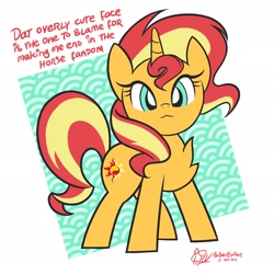 Size: 1920x1920 | Tagged: safe, artist:theratedrshimmer, sunset shimmer, pony, unicorn, g4, chest fluff, cute, frame, looking at you, passepartout, shimmerbetes, simple background, solo, text, white background