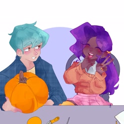 Size: 2048x2048 | Tagged: safe, artist:jocks_housewife, hitch trailblazer, pipp petals, human, g5, adorapipp, blushing, cute, dark skin, duo, duo male and female, eyes closed, female, grin, halloween, high res, humanized, male, open mouth, open smile, peace sign, pumpkin, pumpkin carving, smiling
