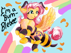 Size: 3200x2400 | Tagged: safe, artist:br0via, fluttershy, pegasus, pony, g4, animal costume, bee costume, chest fluff, clothes, costume, cute, female, flutterbee, high res, mare, open mouth, open smile, rainbow, shyabetes, smiling, socks, solo, striped socks