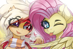 Size: 4096x2769 | Tagged: safe, artist:jfrxd, fluttershy, oc, oc:kyra, pegasus, pony, g4, ;p, clothes, duo, duo female, eye clipping through hair, eyebrows, eyebrows visible through hair, female, heterochromia, high res, looking at you, mare, one eye closed, open mouth, open smile, pegasus oc, scarf, smiling, striped scarf, tongue out, white pupils, wink, winking at you