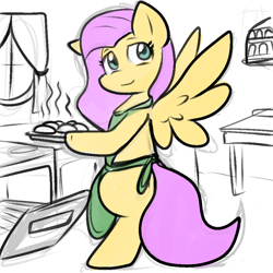 Size: 900x900 | Tagged: safe, artist:zutcha, fluttershy, pegasus, pony, g4, apron, baking, bipedal, clothes, cooking, cute, female, flutterwife, housewife, indoors, kitchen, looking at you, looking back, looking back at you, mare, oven, shyabetes, smiling, solo, spread wings, turned head, wings