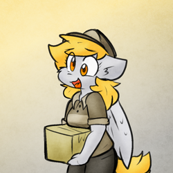 Size: 900x900 | Tagged: safe, artist:zutcha, derpy hooves, pegasus, anthro, g4, box, clothes, female, gradient background, mailmare, open mouth, solo, uniform