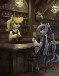 Size: 3165x4096 | Tagged: safe, artist:blvckmagic, oc, oc only, bat pony, earth pony, pony, bar, bartender, bat pony oc, bat wings, chair, cloak, clothes, female, hood, robe, smiling, talking, tankard, tavern, wings