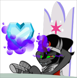 Size: 1199x1217 | Tagged: safe, anonymous artist, derpibooru exclusive, king sombra, pony, unicorn, the crystal empire 10th anniversary, g4, .svg available, armor, cape, clothes, crystal heart, fangs, friendship throne, glowing, glowing horn, hoof shoes, horn, magic, male, simple background, smiling, smirk, smug, solo, sombra eyes, stallion, svg, telekinesis, transparent background, vector, welcome home twilight
