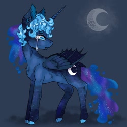 Size: 1024x1024 | Tagged: safe, artist:brot-art, princess luna, alicorn, pony, g4, alternate design, alternate universe, crescent moon, crying, fangs, hybrid wings, moon, sad, solo, story included, wings