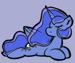 Size: 900x756 | Tagged: safe, artist:zutcha, princess luna, alicorn, pony, g4, eyes closed, female, lying down, mare, prone, purple background, simple background, solo