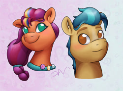 Size: 2400x1770 | Tagged: safe, artist:swasfews, hitch trailblazer, sunny starscout, earth pony, pony, g5, my little pony: a new generation, bust, duo, female, male, mane stripe sunny, mare, no pupils, stallion