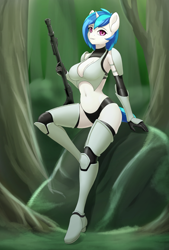 Size: 2500x3700 | Tagged: safe, artist:junglemango, dj pon-3, vinyl scratch, unicorn, anthro, g4, armor, belly button, blaster, breasts, busty vinyl scratch, cleavage, gun, high res, horn, looking at you, midriff, rifle, solo, star wars, stormtrooper, weapon
