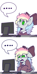 Size: 498x988 | Tagged: safe, artist:bluemoon, oc, oc only, oc:blazey sketch, pegasus, pony, ..., bow, clothes, comic, commission, computer, computer reaction faces, cringing, gift art, hair bow, multicolored hair, simple background, small wings, solo, sweater, white background, wings