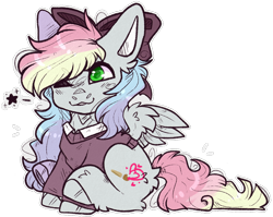 Size: 1002x797 | Tagged: safe, artist:heartsketch1, oc, oc:blazey sketch, pegasus, pony, blushing, bow, clothes, commission, gift art, green eyes, grey fur, hair bow, multicolored hair, one eye closed, outline, simple background, sitting, solo, sweater, transparent background, white outline, wink, ych result