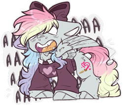 Size: 969x825 | Tagged: safe, artist:heartsketch1, oc, oc only, oc:blazey sketch, pegasus, pony, aaaaaaaaaa, bow, clothes, commission, gift art, grey fur, hair bow, long hair, long tail, multicolored hair, outline, scared, simple background, solo, sweater, tail, transparent background, white outline, ych result
