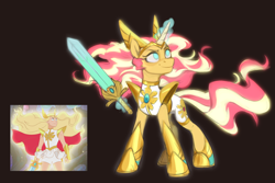 Size: 3000x2000 | Tagged: safe, artist:jewellier, sunset shimmer, pony, unicorn, g4, adora, alternate hairstyle, armor, clothes, cosplay, costume, crossover, female, flowing mane, glowing, glowing horn, golden armor, high res, horn, jewelry, levitation, magic, magic aura, mare, scene interpretation, screencap reference, she-ra, she-ra and the princesses of power, shoes, solo, sword, telekinesis, tiara, weapon