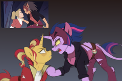 Size: 3000x2000 | Tagged: safe, artist:jewellier, sunset shimmer, twilight sparkle, hybrid, pony, unicorn, g4, adora, alternate hairstyle, angry, armor, catra, clothes, cosplay, costume, crossover, female, high res, jacket, leonine tail, mare, pants, ripped pants, scene interpretation, screencap reference, she-ra and the princesses of power, shirt, shoes, slit pupils, solo, tail, torn clothes, unicorn twilight