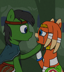 Size: 1136x1286 | Tagged: safe, artist:realdash, oc, oc:anon, oc:anonymous aurora, earth pony, echidna, pony, clothes, colored muzzle, crying, earth pony oc, female, forest, forest background, headband, hoof gloves, hoof on chin, jewelry, looking at each other, looking at someone, male, mare, messy mane, oc x oc, open mouth, regalia, sad, shipping, simple background, sitting, skirt, sonic the hedgehog (series), stallion, tikal, tikal the echidna