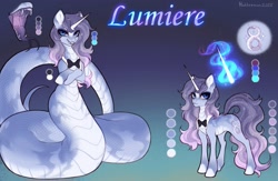 Size: 2497x1633 | Tagged: safe, artist:hakkerman, oc, oc only, oc:lumiere, hybrid, lamia, original species, pony, unicorn, bowtie, concave belly, fangs, forked tongue, horn, hybrid oc, lamia oc, magic, magic aura, male, reference sheet, scaled underbelly, slender, slit pupils, stallion, standing, stripes, thin