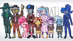 Size: 1920x1080 | Tagged: safe, artist:ca(oh)2, discord, king sombra, pinkie pie, princess celestia, princess luna, queen chrysalis, starlight glimmer, sunset shimmer, trixie, earth pony, human, pony, equestria girls, g4, anime, anya forger, becky blackbell, bond forger, crossover, damian desmond, equestria girls-ified, eyes closed, franky franklin, good king sombra, loid forger, looking at you, one of these things is not like the others, parody, smiling, spy x family, sylvia sherwood, yor forger, younger