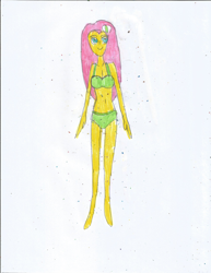 Size: 1700x2200 | Tagged: safe, artist:justinandrew1984, fluttershy, human, equestria girls, g4, barefoot, belly button, bikini, breasts, cleavage, clothes, feet, hairclip, png, simple background, smiling, solo, swimsuit, traditional art, white background