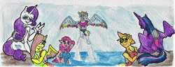 Size: 1280x497 | Tagged: safe, artist:horrordragon-xxd1, applejack, fluttershy, pinkie pie, rainbow dash, rarity, twilight sparkle, alicorn, earth pony, pegasus, pony, unicorn, g4, beach, clothes, flying, jetpack, one-piece swimsuit, sand, swimsuit, traditional art, twilight sparkle (alicorn), water