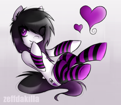 Size: 1500x1300 | Tagged: safe, artist:zeffdakilla, oc, oc only, oc:lacey lullaby, earth pony, pony, arm warmers, black hair, black mane, clothes, cute, ear piercing, earring, emo, female, floating, heart, jewelry, looking at you, piercing, raised hoof, scene, scene kid, simple background, smiling, socks, solo, striped socks, white fur