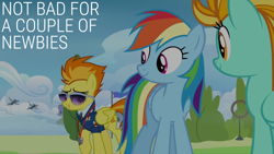 Size: 1920x1080 | Tagged: safe, edit, edited screencap, editor:quoterific, screencap, lightning dust, rainbow dash, spitfire, pegasus, pony, g4, wonderbolts academy, clothes, compliment, female, grin, looking at someone, looking back, mare, necktie, not bad, smiling, spitfire's tie, spitfire's whistle, sunglasses, trio, trio female, uniform, whistle, whistle necklace, wonderbolts dress uniform