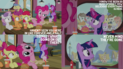 Size: 4400x2475 | Tagged: safe, edit, edited screencap, editor:quoterific, screencap, alula, apple bloom, berry punch, berryshine, dinky hooves, featherweight, gallop j. fry, goldengrape, minuette, noi, pinkie pie, pipsqueak, piña colada, pluto, scootaloo, sir colton vines iii, super funk, sweetie belle, train tracks (g4), twilight sparkle, alicorn, earth pony, pegasus, pony, unicorn, g4, season 4, twilight time, burger, camera, colt, cutie mark crusaders, disappear, drink, female, filly, foal, food, frown, grin, hay burger, head tilt, looking at someone, magic, male, mare, observation, open mouth, open smile, restaurant, smiling, spying, stallion, telekinesis, twilight sparkle (alicorn)