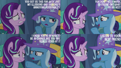 Size: 4400x2475 | Tagged: safe, edit, edited screencap, editor:quoterific, screencap, starlight glimmer, trixie, pony, unicorn, g4, to where and back again, cape, clothes, duo, duo female, encouragement, female, frown, hat, implied discord, lip bite, mare, nervous, open mouth, open smile, pointing, raised hoof, smiling, trixie's cape, trixie's hat