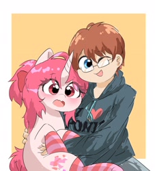 Size: 1862x2048 | Tagged: safe, artist:leo19969525, oc, human, pony, unicorn, blue eyes, blushing, bow, brown hair, clothes, ears, ears up, glasses, hair, hoodie, horn, mane, open mouth, pink mane, pink tail, red eyes, simple background, sitting, socks, striped socks, tail