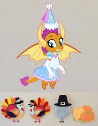 Size: 703x900 | Tagged: safe, artist:darlycatmake, smolder, dragon, g4, clothes, cute, decoration, dragoness, dress, female, flying, froufrou glittery lacy outfit, gloves, happy, hat, hennin, holiday, impressed, long gloves, looking down, princess, princess smolder, puffy sleeves, smiling, smolderbetes, thanksgiving
