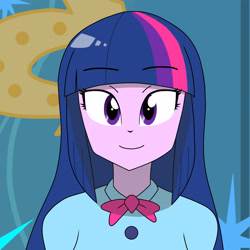 Size: 3840x3840 | Tagged: safe, artist:altynp, part of a set, twilight sparkle, human, equestria girls, g4, adorkable, bust, cute, dork, eyebrows, eyebrows visible through hair, female, high res, looking at you, photo, portrait, smiling, smiling at you, solo, twilight sparkle is best facemaker