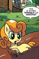 Size: 750x1123 | Tagged: safe, artist:pencils, idw, carrot top, golden harvest, earth pony, pony, g4, spoiler:comic, spoiler:comic69, chocolate, dialogue, female, food, mare, not sure if want, reaction image, solo, speech bubble