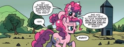 Size: 1334x512 | Tagged: safe, artist:pencils, idw, pinkie pie, earth pony, pony, g4, spoiler:comic, spoiler:comicidw2020, butt, cute, dialogue, diapinkes, duo, female, filly, filly pinkie pie, foal, idw 20/20, mare, plot, pony hat, riding, rock farm, self paradox, self ponidox, self riding, speech bubble, time paradox, time travel, younger