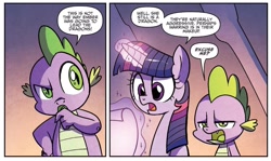 Size: 1260x750 | Tagged: safe, artist:agnes garbowska, idw, official comic, spike, twilight sparkle, alicorn, dragon, pony, g4, wings over yakyakistan, spoiler:comic, baby, baby dragon, dialogue, duo, female, male, mare, offended, racism, speciesism, speech bubble, twilight sparkle (alicorn)