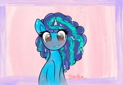 Size: 2360x1640 | Tagged: safe, artist:flutterten, misty brightdawn, pony, unicorn, g5, abstract background, blushing, cute, female, half body, looking at you, mare, mistybetes, no pupils, smiling, smiling at you, solo