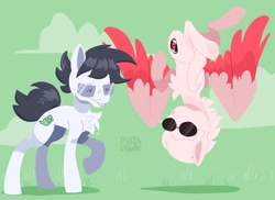 Size: 2048x1489 | Tagged: safe, artist:pastacrylic, earth pony, pegasus, pony, colored wings, dave strider, homestuck, john egbert, multicolored wings, ponified, upside down, wings
