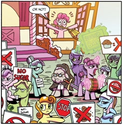 Size: 750x759 | Tagged: safe, artist:brendahickey, idw, carrot top, diamond tiara, drum beet, golden harvest, jethro dull, lotus blossom, pinkie pie, rain parade, sour bash, temperance flowerdew, earth pony, pony, unicorn, g4, spoiler:comic, spoiler:comic63, anti-sugar league, dialogue, female, filly, foal, group, levitation, magic, male, mare, protest, speech bubble, stallion, telekinesis, unnamed character, unnamed pony