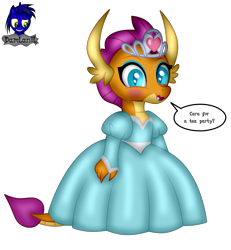 Size: 3840x4154 | Tagged: safe, artist:damlanil, smolder, dragon, g4, clothes, comic, cute, dragon wings, dragoness, dress, eyelashes, eyeshadow, female, girly, gown, happy, horns, jewelry, lipstick, looking at you, makeup, princess outfit, princess smolder, puffy sleeves, show accurate, simple background, smiling, smolder also dresses in style, smolderbetes, solo, speech bubble, standing, text, tiara, transparent background, vector, wings