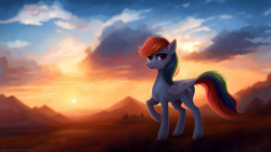 Size: 3840x2160 | Tagged: safe, ai assisted, ai content, artist:adorablebluefox, rainbow dash, pegasus, pony, g4, beautiful, cloud, cloudy, cute, dashabetes, detailed, female, grass, high res, looking at you, mare, mountain, mountain range, outdoors, raised hoof, scenery, sky, solo, standing, sunset, wallpaper
