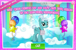 Size: 1962x1298 | Tagged: safe, gameloft, idw, rain parade, pegasus, pony, g4, my little pony: magic princess, anti-sugar league, balloon, english, female, folded wings, idw showified, mare, mobile game, rainbow, sign, solo, text, wings